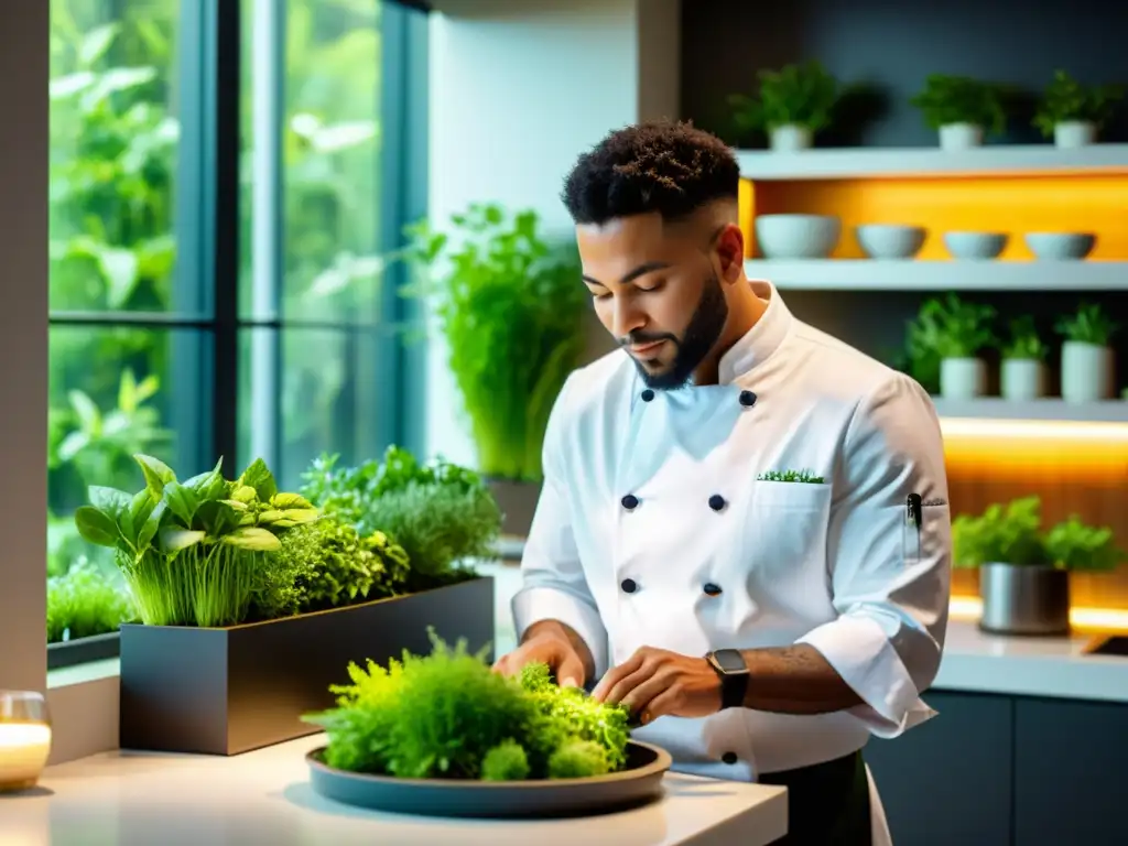 Un moderno y vibrante cultivo vertical de hierbas en la cocina, ideal para consejos de maridaje