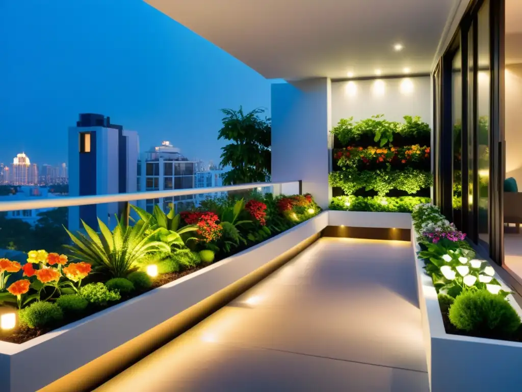 Un jardín de balcón moderno y vibrante con luces LED sensorequipped, exudando innovación y armonía con la naturaleza