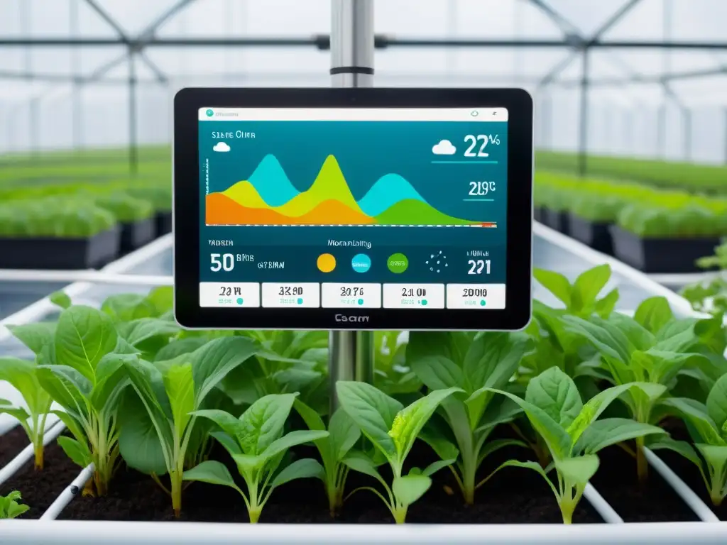 Monitoreo climático acuaponía urbana: Tecnología avanzada capturando datos en una instalación sofisticada