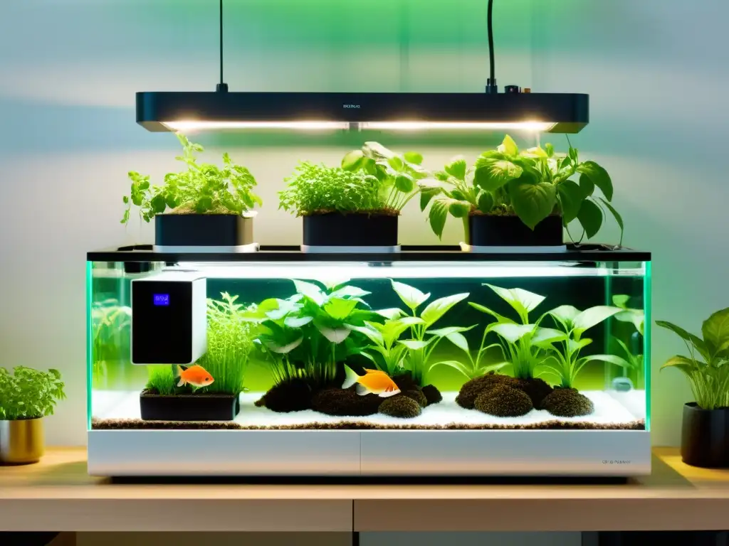 Monitoreo inteligente acuaponía casera con diseño moderno y tecnológico, plantas vibrantes en contraste con estética futurista