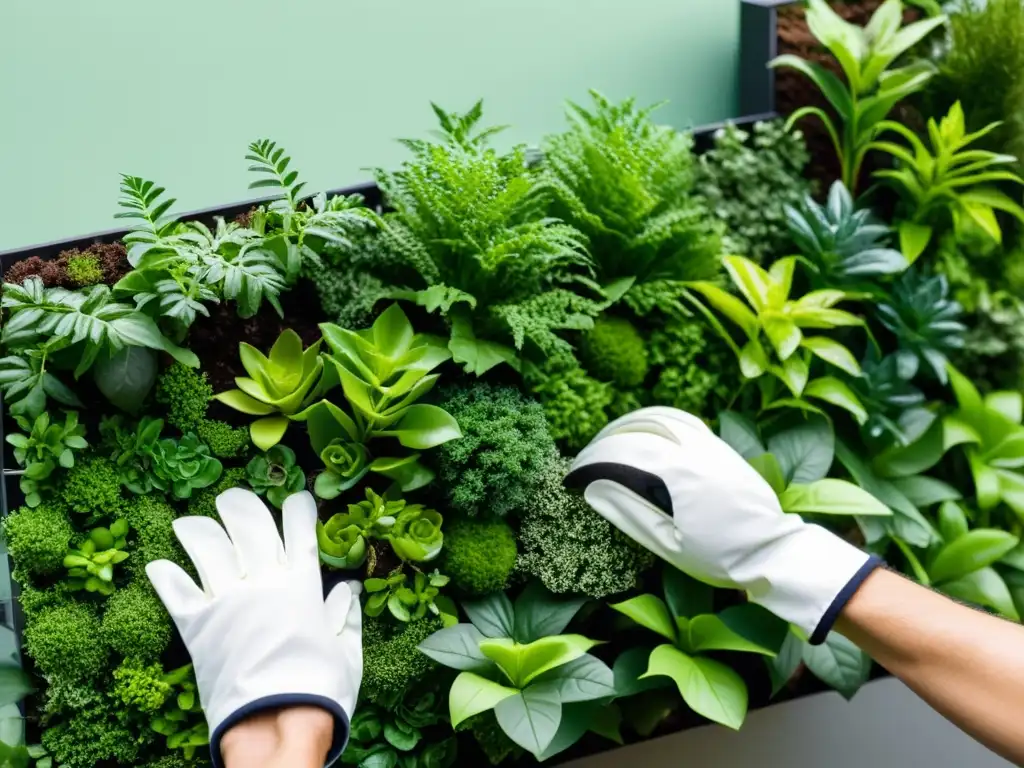 Montaje fácil huerto vertical modular: persona ensamblando un jardín vertical con guantes de jardinería, rodeada de exuberante vegetación