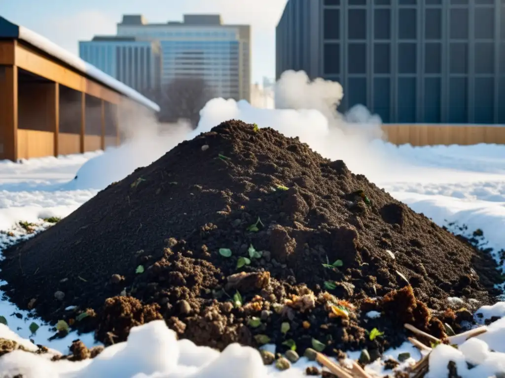 Un montón de compost en invierno urbano, con vapor y nieve, integrado con edificios modernos