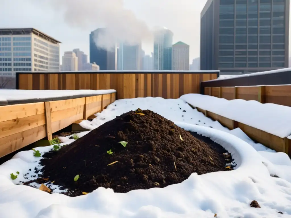 Montón de compost urbano invernal, con vapor y materiales orgánicos resistentes al invierno