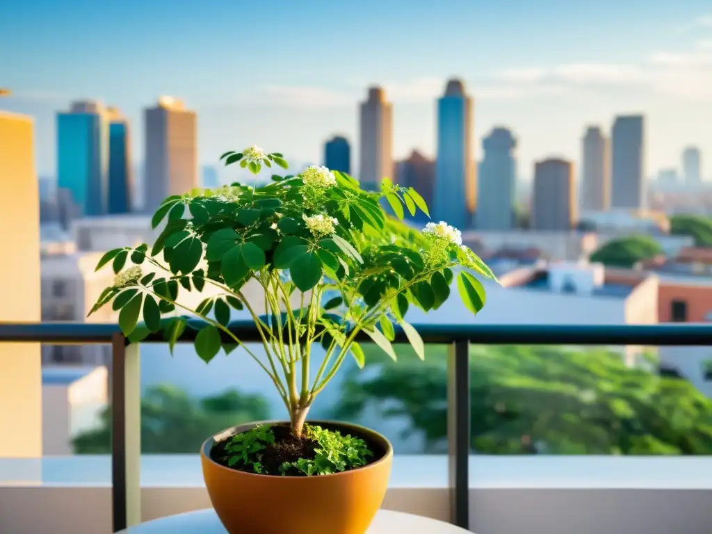 Un moringa floreciente en una moderna maceta en una soleada terraza citadina