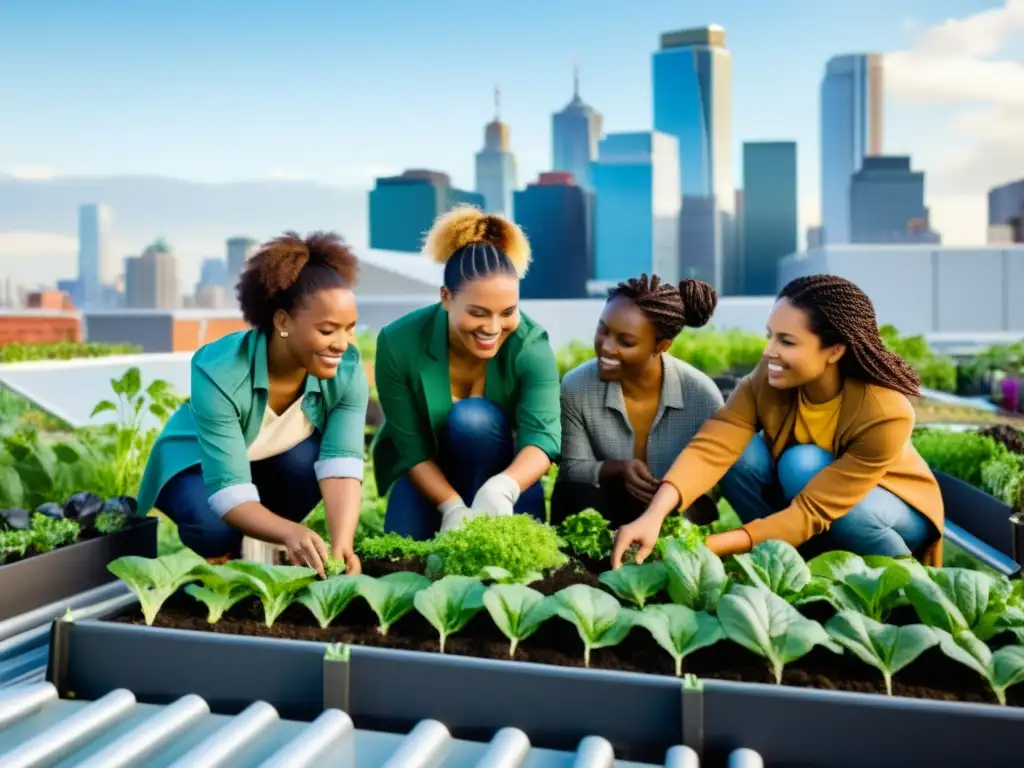 Mujeres activistas en agricultura urbana, cultivando jardín en la azotea de la ciudad, promoviendo empoderamiento y comunidad