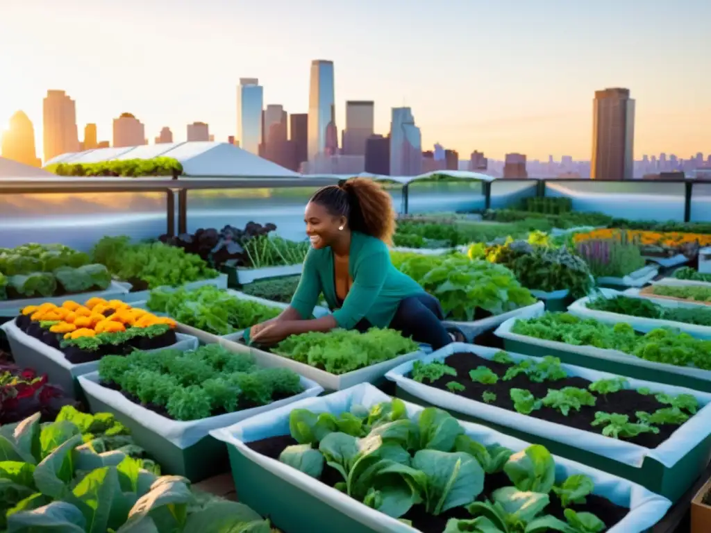 Mujeres empoderadas en la agricultura urbana, colaborando en un jardín urbano vibrante al atardecer, mostrando el activismo femenino