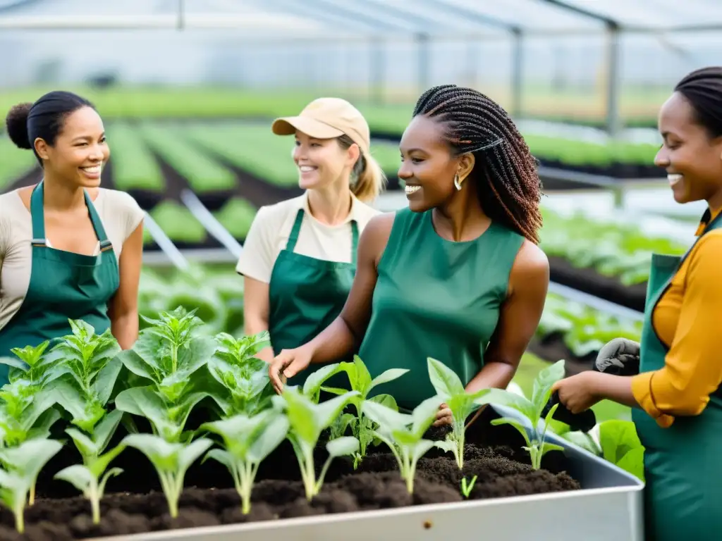 Mujeres emprendedoras trabajando juntas en agricultura urbana, mostrando su liderazgo y dedicación