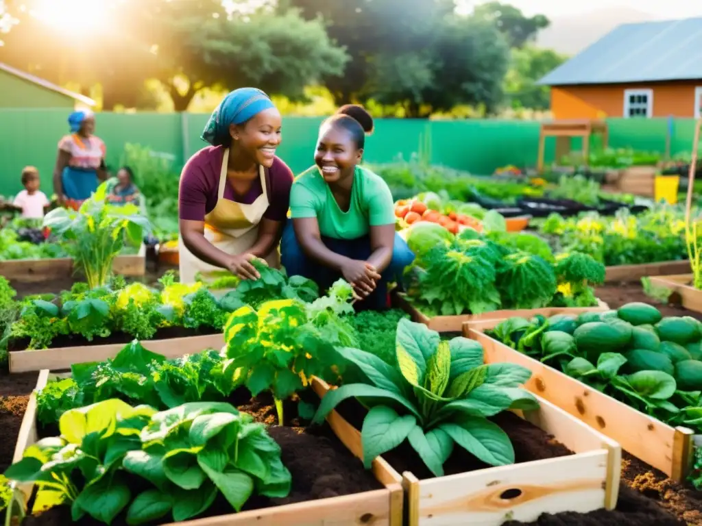 Mujeres y niños africanos cultivan un huerto comunitario, combinando tradición e innovación