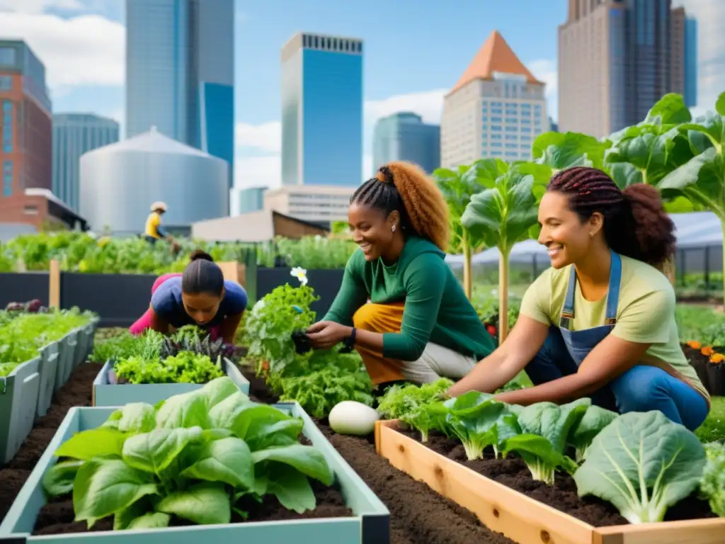 Contribución mujeres agricultura urbana: Diversas mujeres trabajan en granja urbana, cultivando en armonía en ambiente sostenible de la ciudad