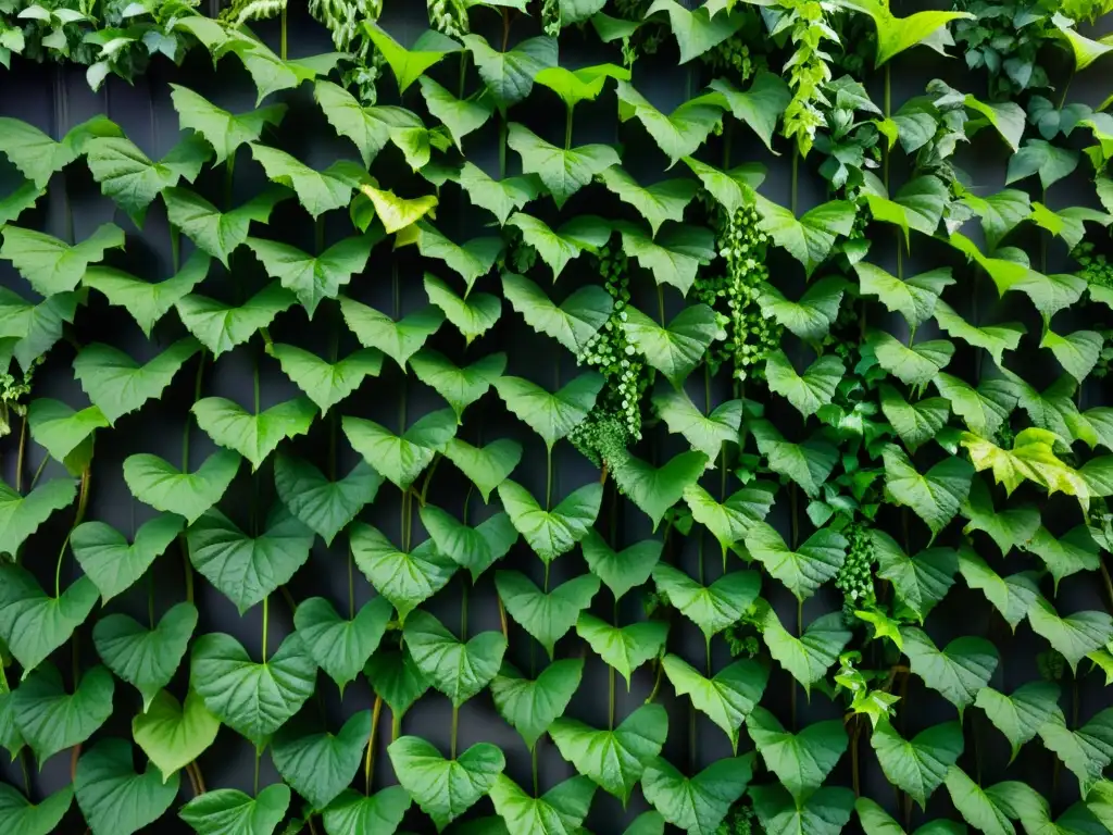 Un muro verde exuberante con enredaderas comestibles cultivo urbano, entrelazadas formando un tapiz vivo y vibrante, bajo la luz del sol