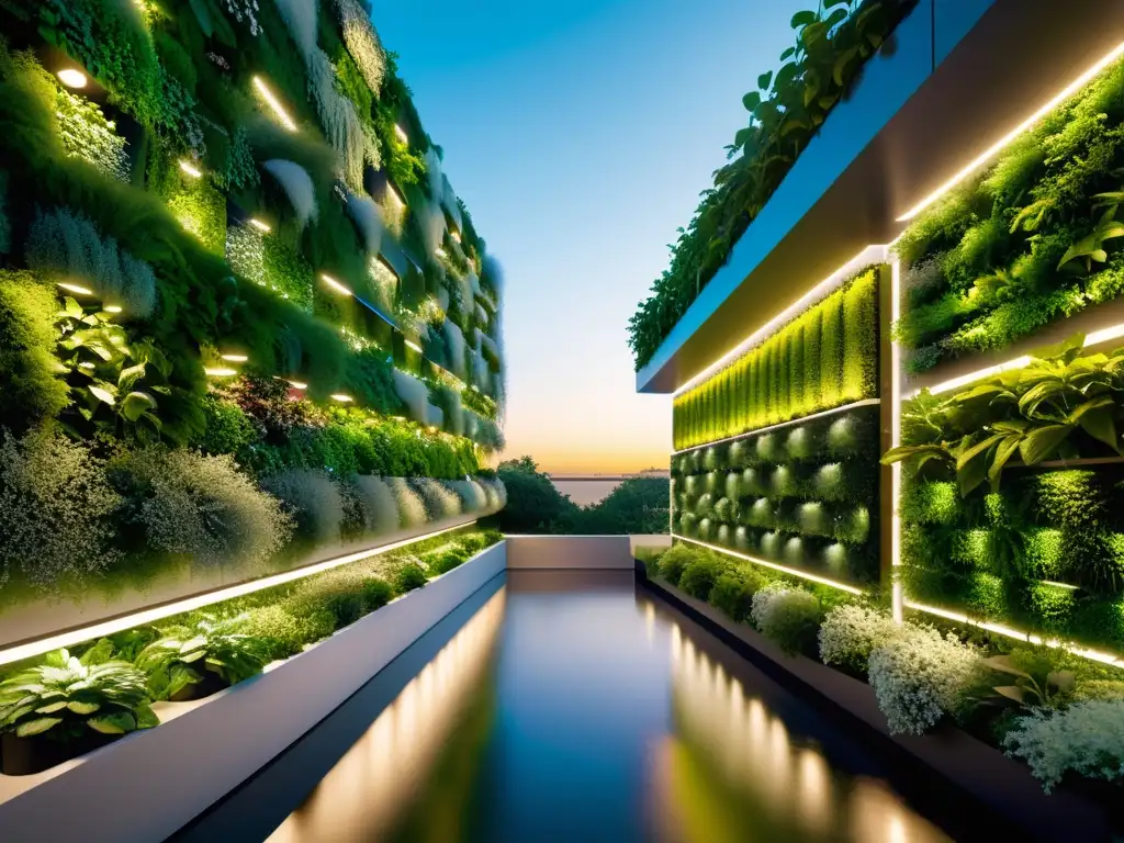 Nanotecnología en huertos verticales urbanos: Jardín vertical futurista con tecnología y exuberante naturaleza iluminada de forma etérea