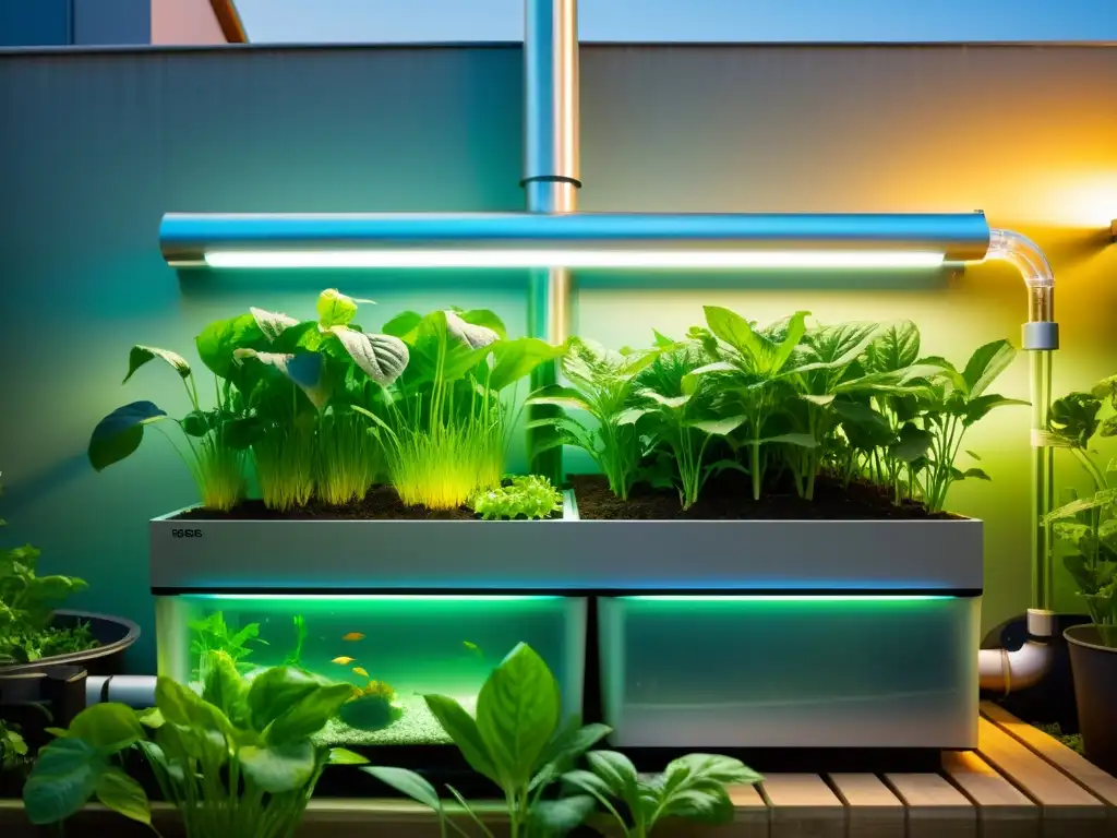 Un negocio familiar de acuaponía urbana integra un sistema moderno en el hogar, con tanques de peces futuristas y jardines verdes