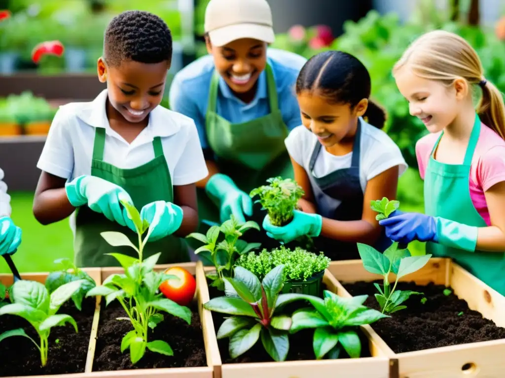 Niños disfrutando de aplicaciones educativas para agricultura urbana en un vibrante jardín urbano lleno de plantas y vegetación