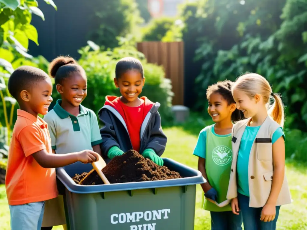 Niños aprendiendo sobre compostaje en un jardín urbano