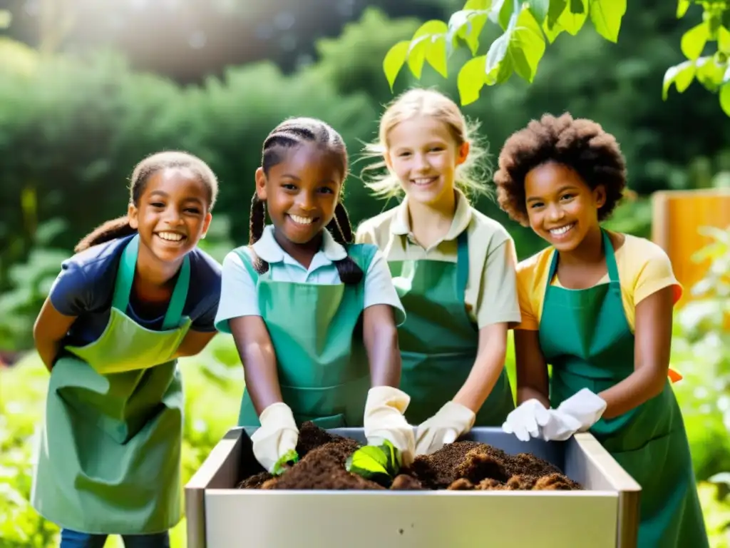 Niños en jardín comunitario aprenden sobre compostaje como herramienta educativa para agricultura urbana, creando un ambiente cálido y acogedor