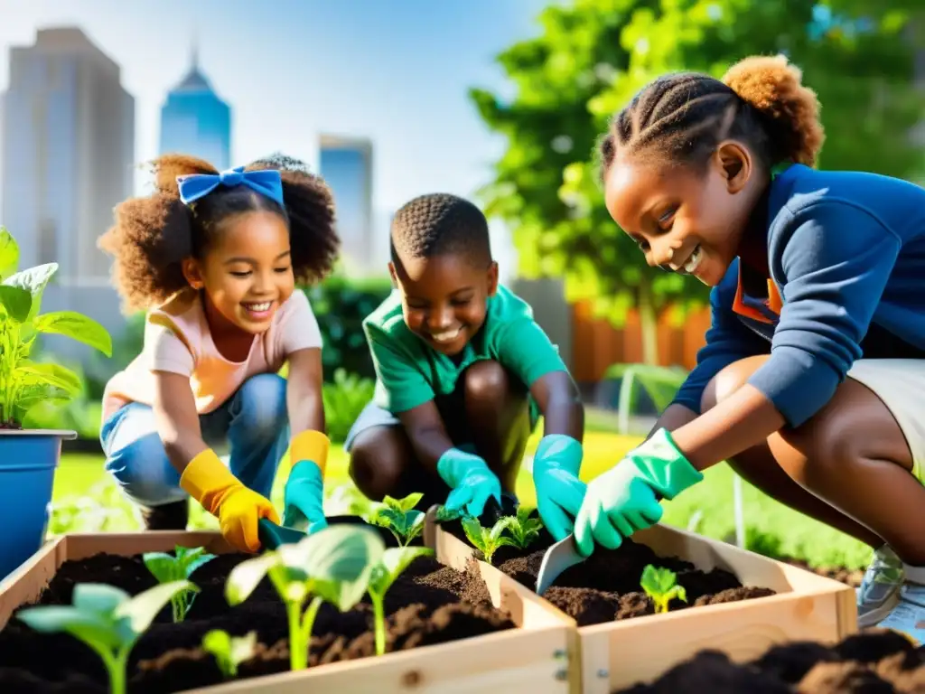 Niños entusiastas enseñando agricultura urbana