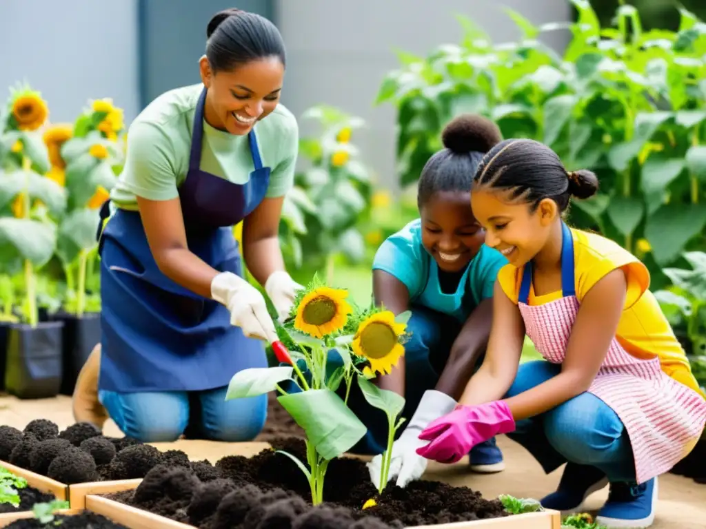 Niños escolares felices trabajando en un huerto urbano, aprendiendo sobre sostenibilidad