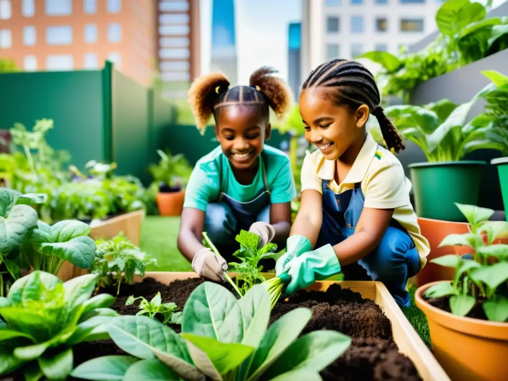 Niños felices enseñando agricultura urbana en un vibrante jardín de la ciudad