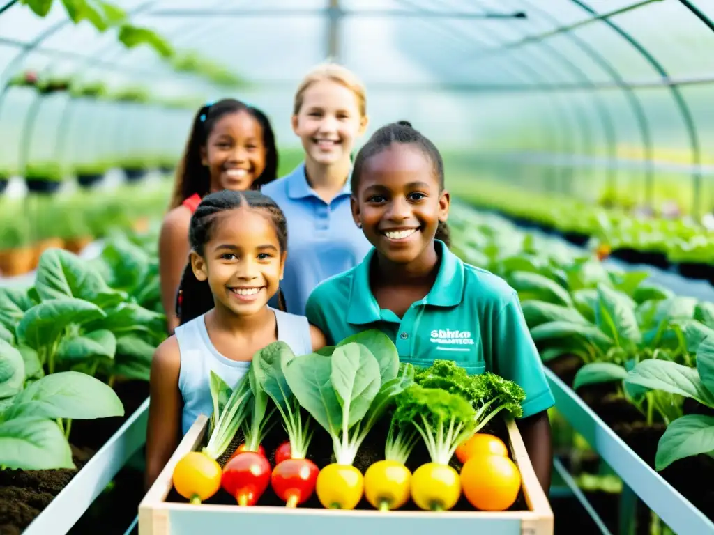 Niños felices en invernadero, aprendiendo y cultivando hábitos alimenticios saludables entre plantas, peces y frutas