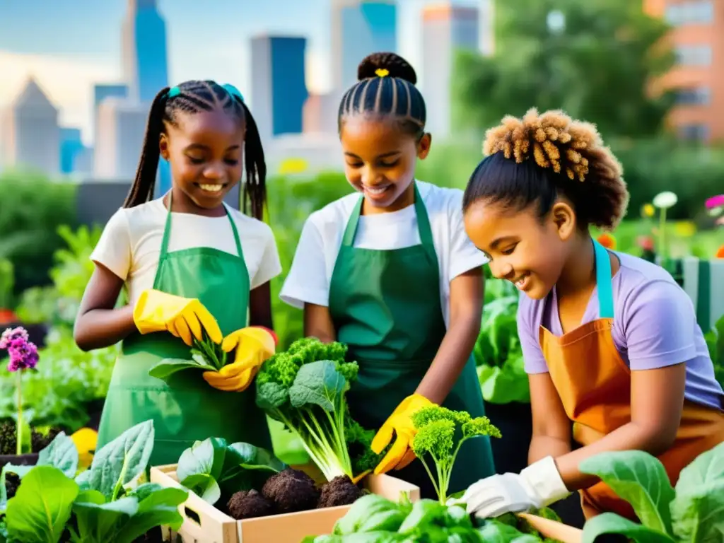 Niños felices cuidando un jardín urbano, enriqueciendo su entorno educativo con las ventajas de espacios verdes