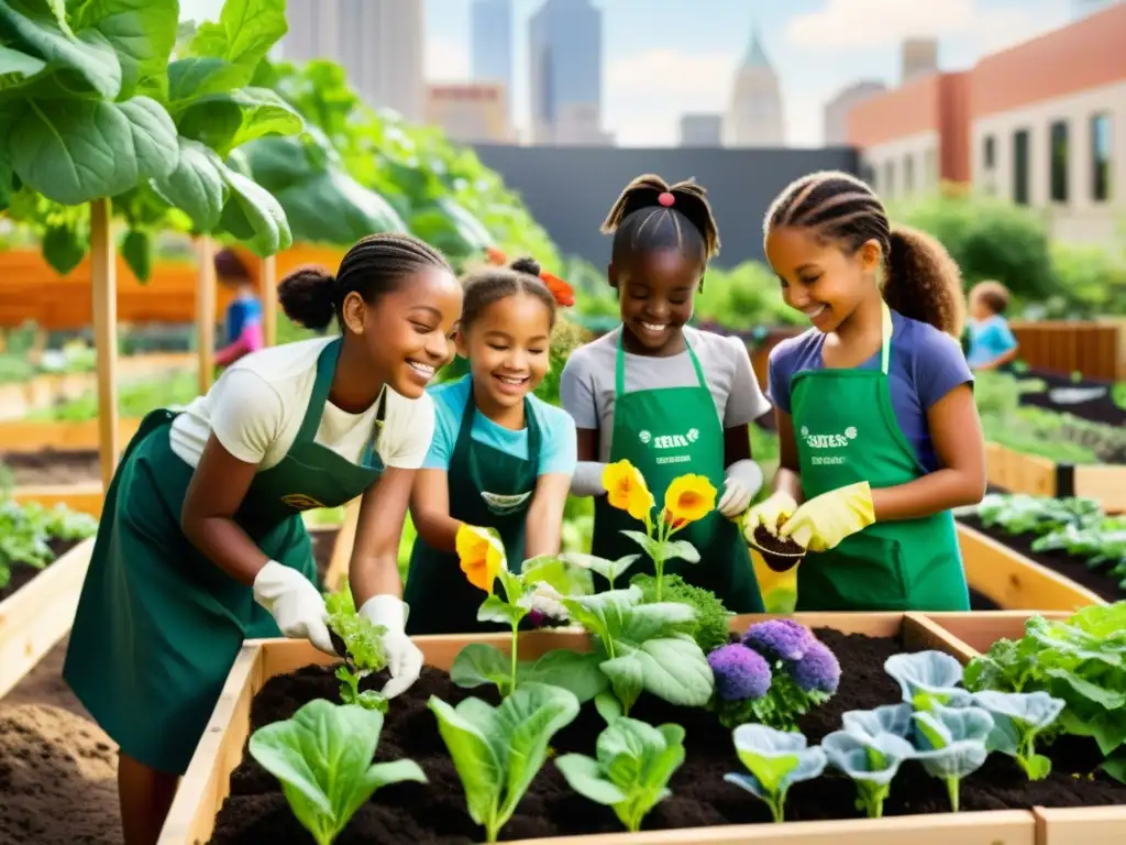 Niños felices plantando un jardín urbano sostenible con coloridas flores y vegetales