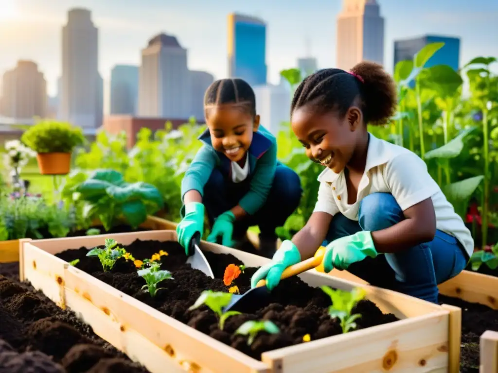 Niños felices siembran en jardín urbano, mostrando valor educativo