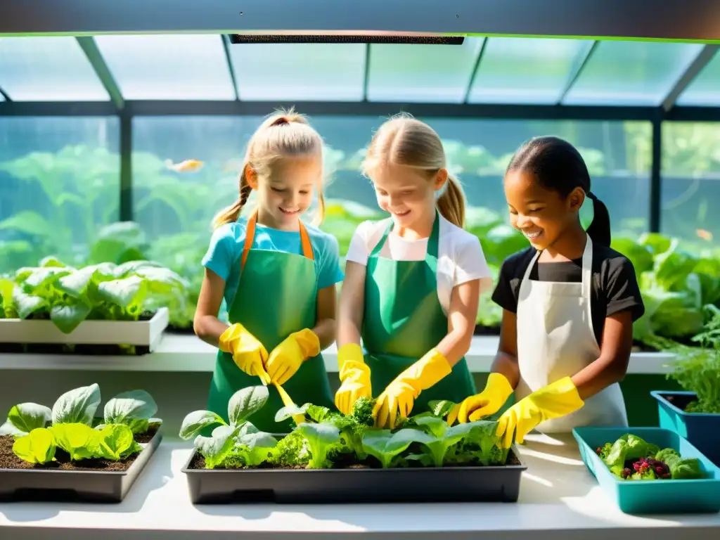 Niños cultivando hábitos alimenticios saludables en un alegre jardín acuapónico lleno de vegetales y peces coloridos en un aula