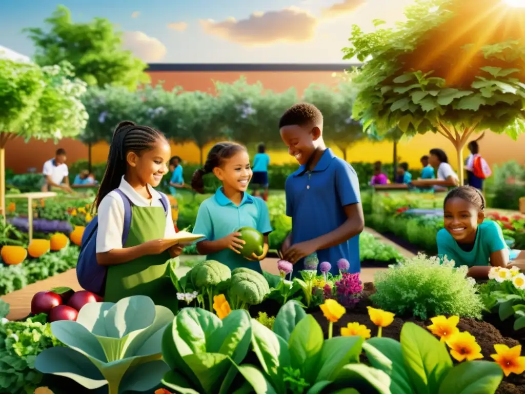 Niños diversos colaboran en un huerto escolar educación integral, rodeados de flores, vegetales y frutas