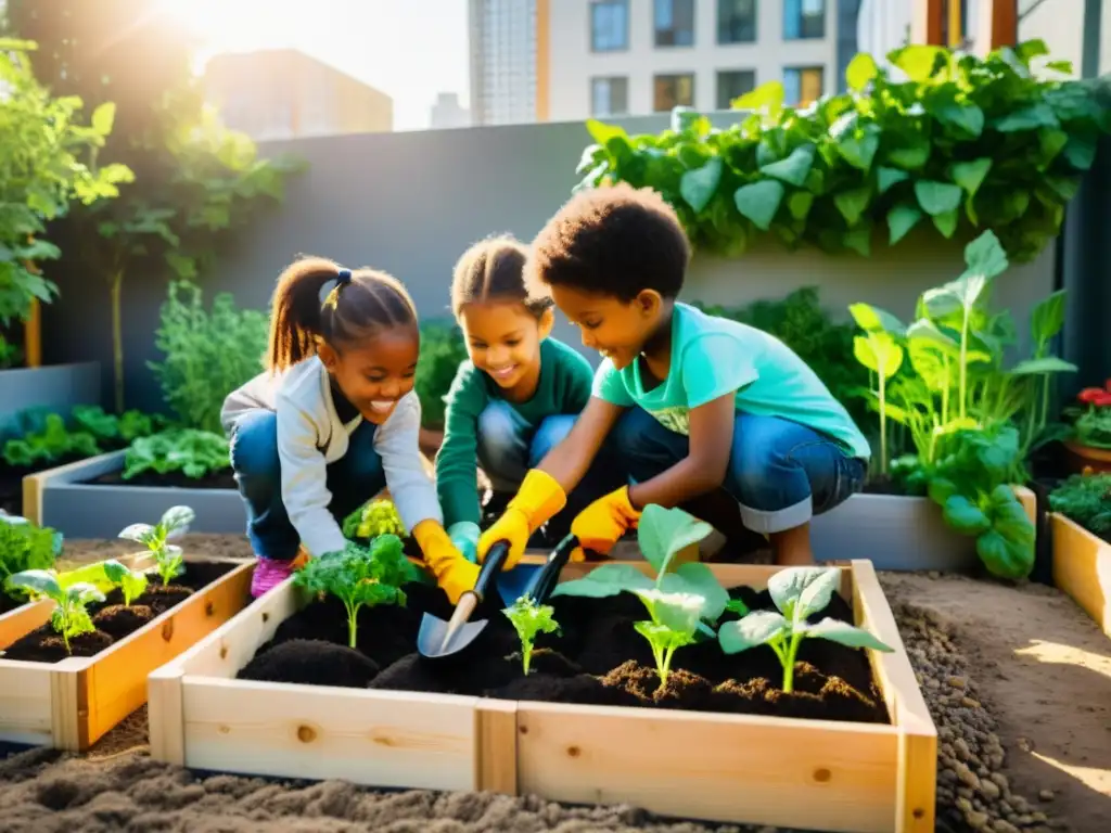 Niños cultivando en un huerto urbano, aprendiendo sobre permacultura urbana para niños sostenible en la ciudad