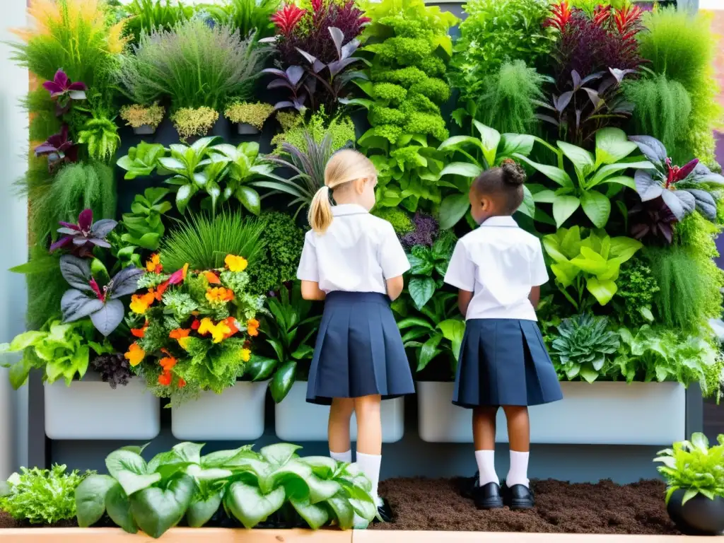 Niños cuidando un huerto vertical en escuela urbana, integrando naturaleza y tecnología