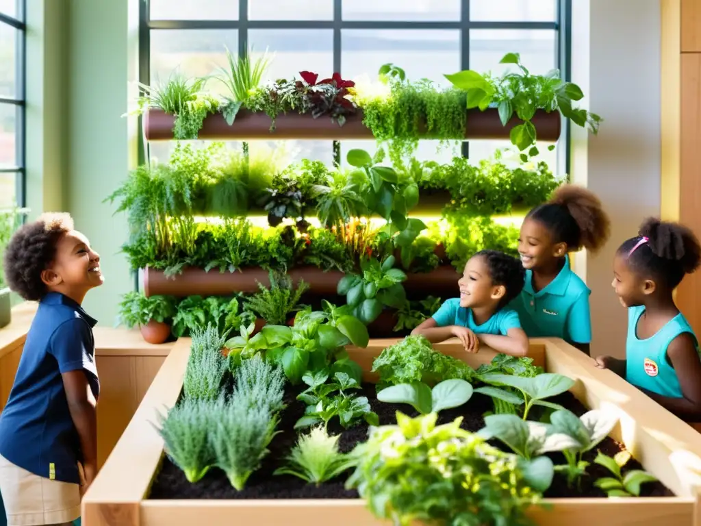 Niños aprendiendo sobre huertos verticales, plantando y cuidando plantas con entusiasmo en un aula luminosa y moderna