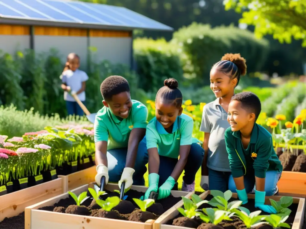 Niños de primaria disfrutan de talleres implementar sistemas sostenibles huertos escolares, cuidando el jardín con entusiasmo y responsabilidad