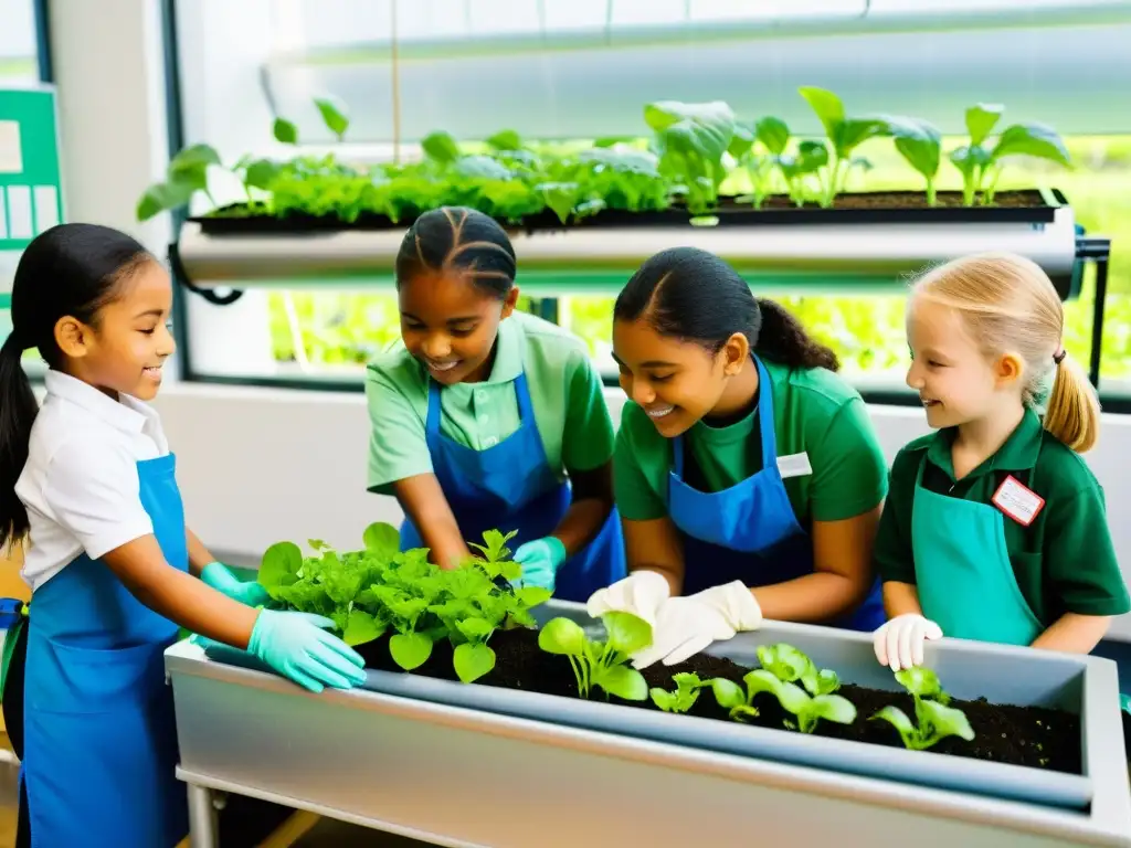 Niños enseñando sostenibilidad en aula con sistema acuapónico y plantas vibrantes