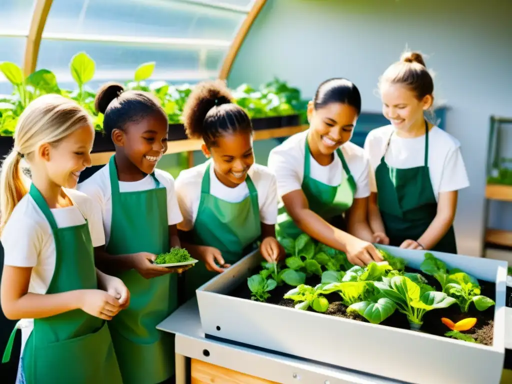 Niños urbanos disfrutan de la acuaponía en un aula moderna y soleada