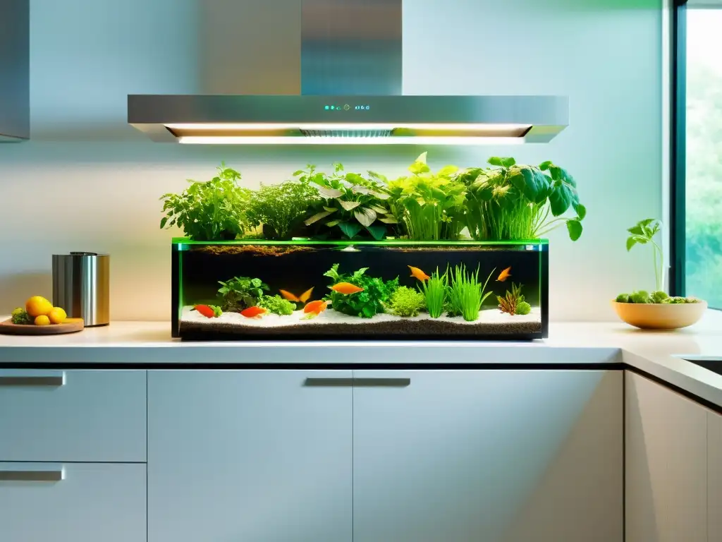 Gestión de nutrientes en acuaponía doméstica: Un sistema compacto de acuaponía se integra de forma elegante en una cocina moderna y bien iluminada, con tanques transparentes llenos de plantas verdes vibrantes y peces nadando