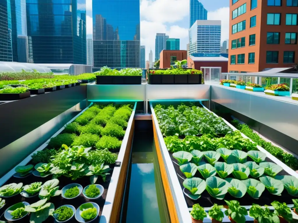 Un oasis de acuaponía para agricultura urbana sostenible en un jardín de azotea, rodeado de rascacielos y luz cálida