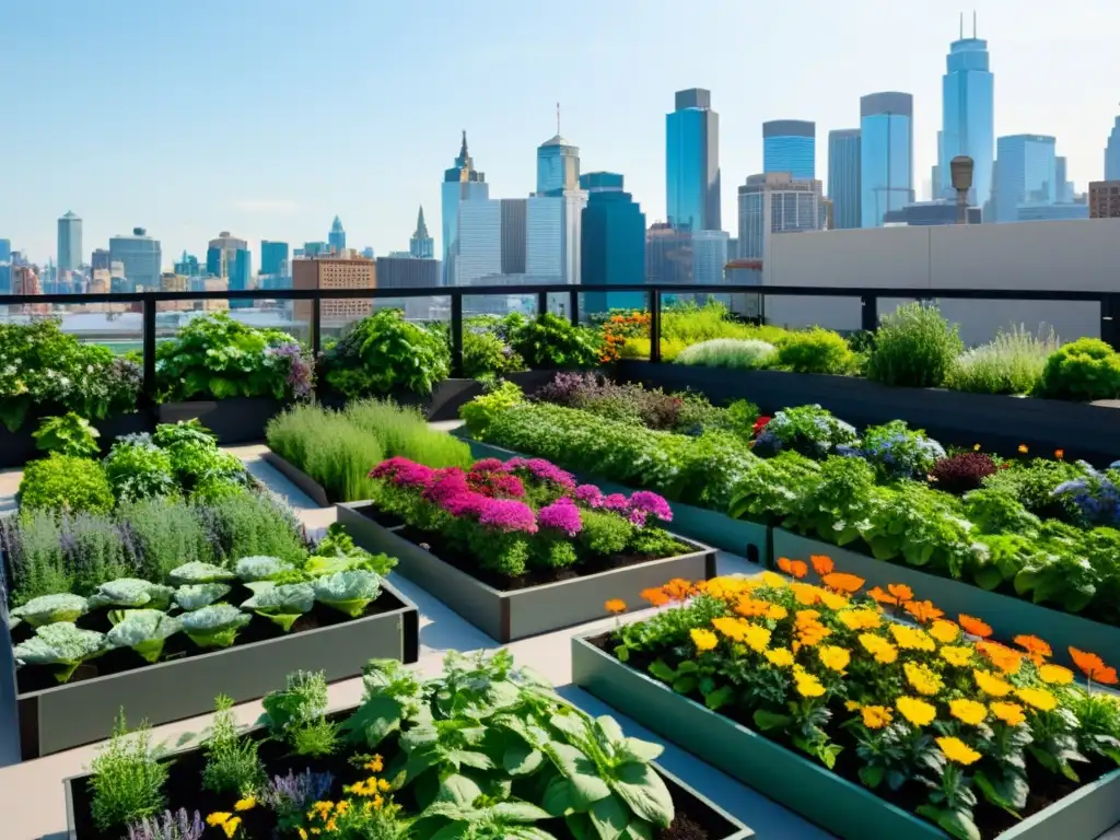 Un oasis de vegetación en la azotea de la ciudad, con hortalizas, flores y vida silvestre, mostrando los beneficios de las azoteas verdes