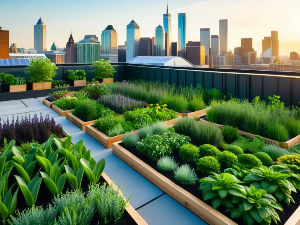 Un oasis de vegetación en azotea, con huerto urbano en azotea, vibrante y elegante entre rascacielos