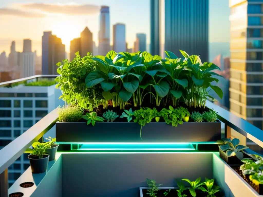 Un oasis de acuaponía en un balcón urbano moderno con vegetación exuberante y vistas a la ciudad