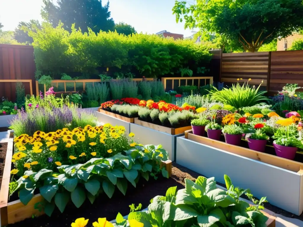 Un oasis de huertos urbanos para aliviar depresión, con flores, hierbas y vegetales, cuidados por una comunidad vibrante y diversa en la ciudad