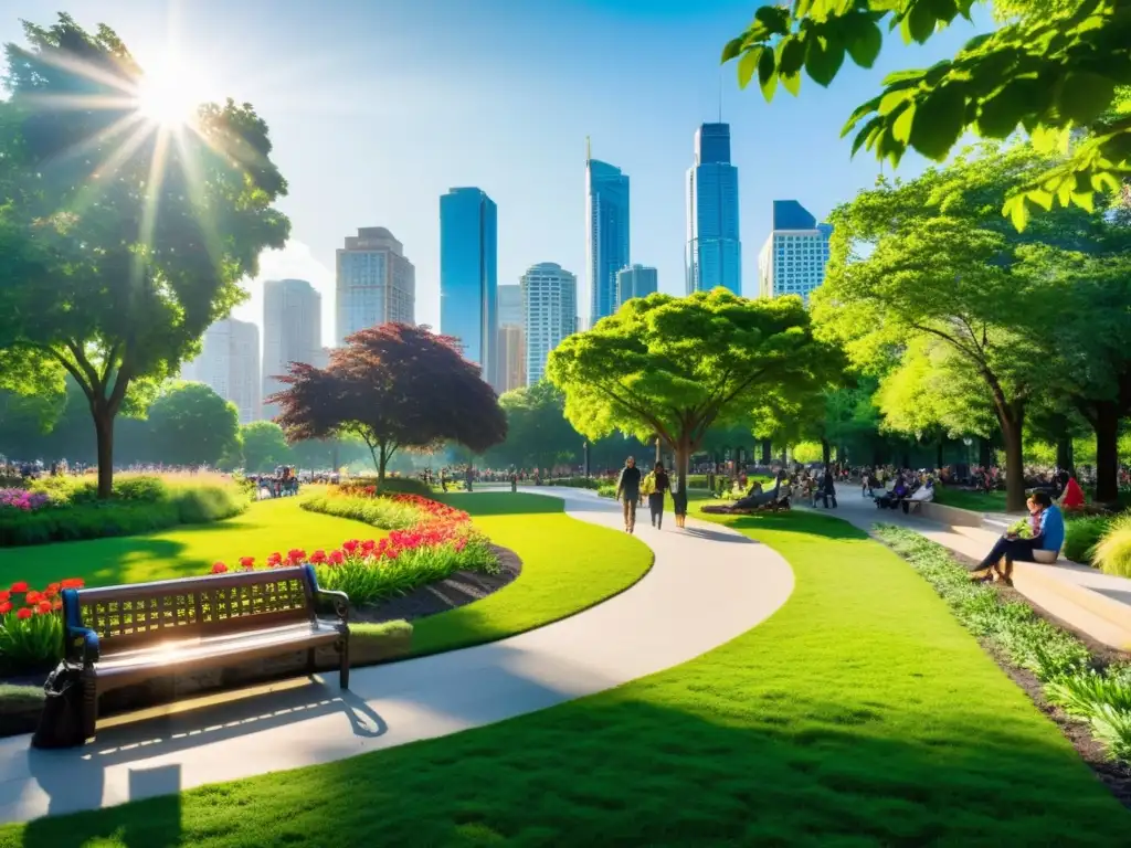 Un oasis natural en la ciudad, lleno de vegetación vibrante y flores coloridas