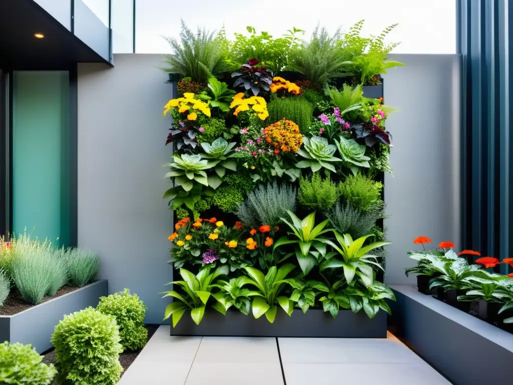 Un oasis de naturaleza en la ciudad: jardinería vertical para ansiedad urbana con exuberantes plantas y flores vibrantes