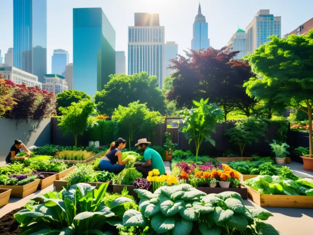 Un oasis de paz en la ciudad: gente cuidando un exuberante huerto urbano