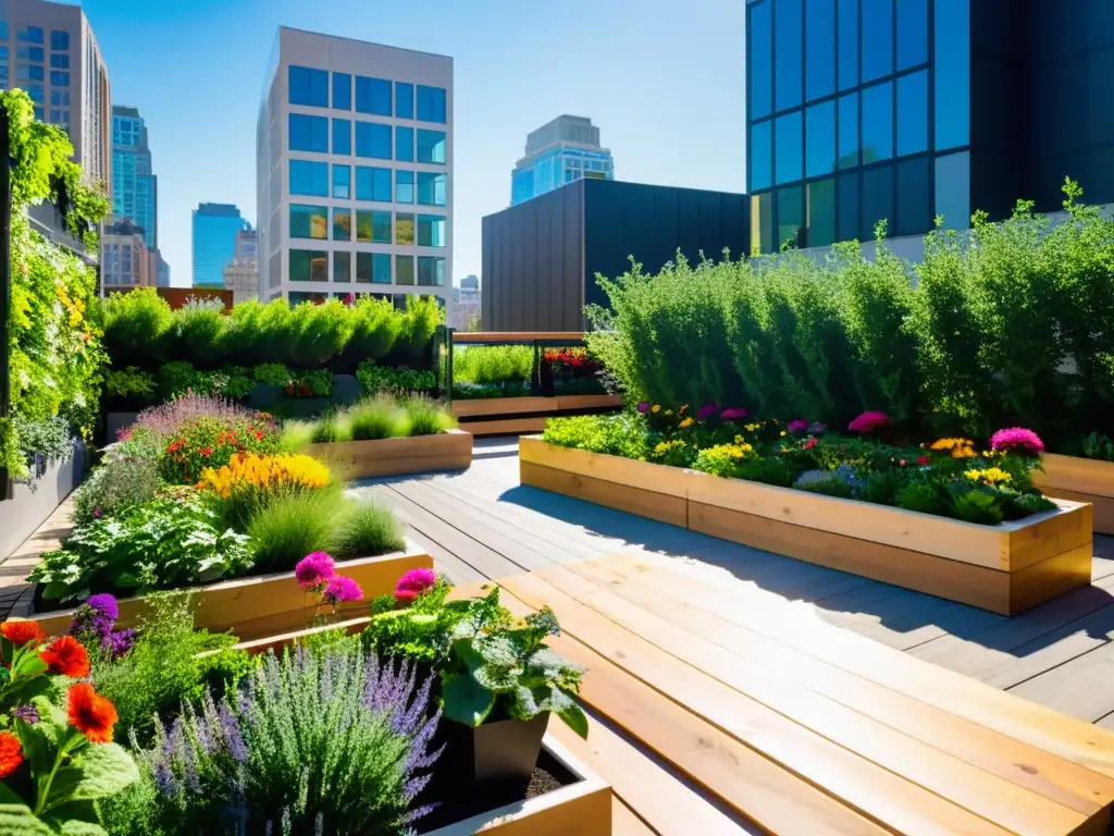 Un oasis de paz interior a través de la agricultura urbana: un jardín urbano vibrante y moderno lleno de plantas exuberantes y flores coloridas, rodeado de edificios contemporáneos