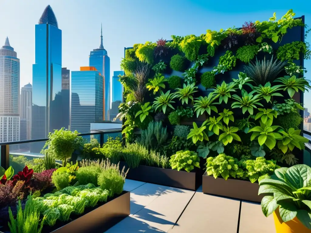 Un oasis sostenible en la azotea de la ciudad, lleno de vegetación exuberante y hortalizas vibrantes en huertos verticales