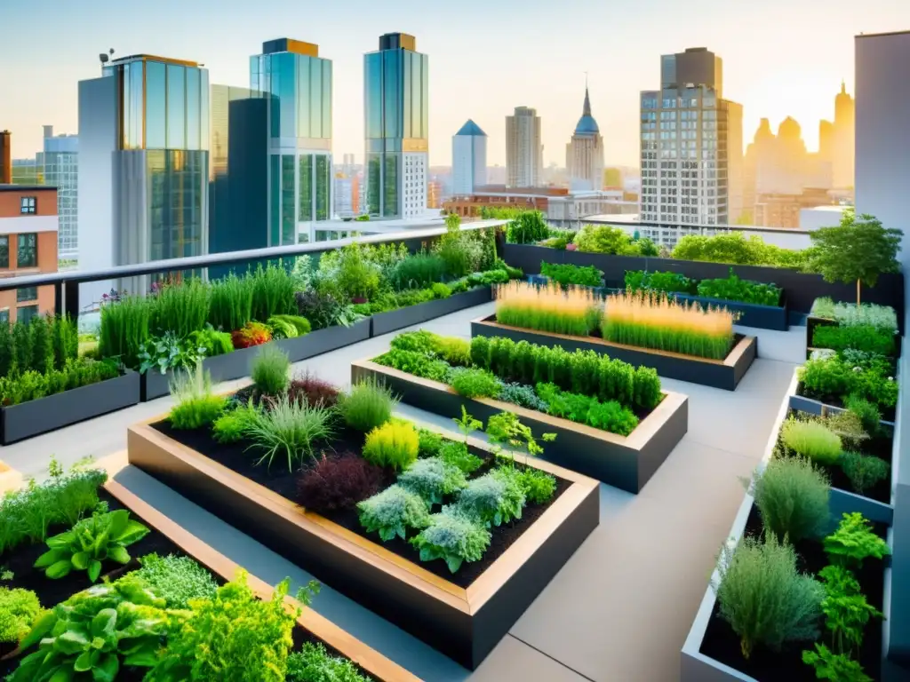 Un oasis de tranquilidad en la ciudad: un jardín urbano moderno rebosante de plantas verdes y huertos