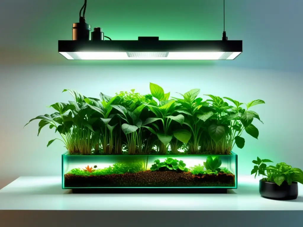 Un oasis de tranquilidad: acuaponía como herramienta de relajación, con plantas exuberantes y diseño moderno en suaves luces difusas