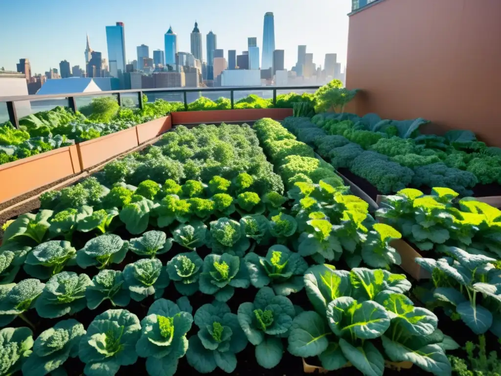 Un oasis de nutrición urbana con kale: un jardín urbano vibrante lleno de filas de exuberantes plantas verdes