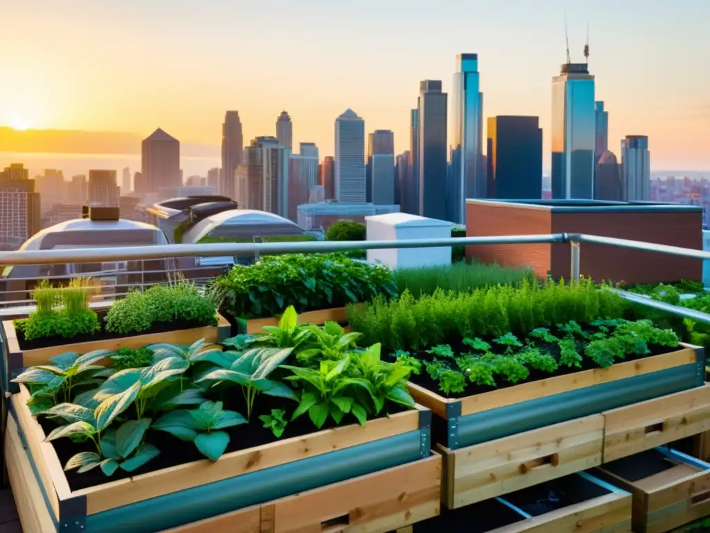 Un oasis urbano en las alturas, con exuberantes plantas verdes y un sistema acuapónico