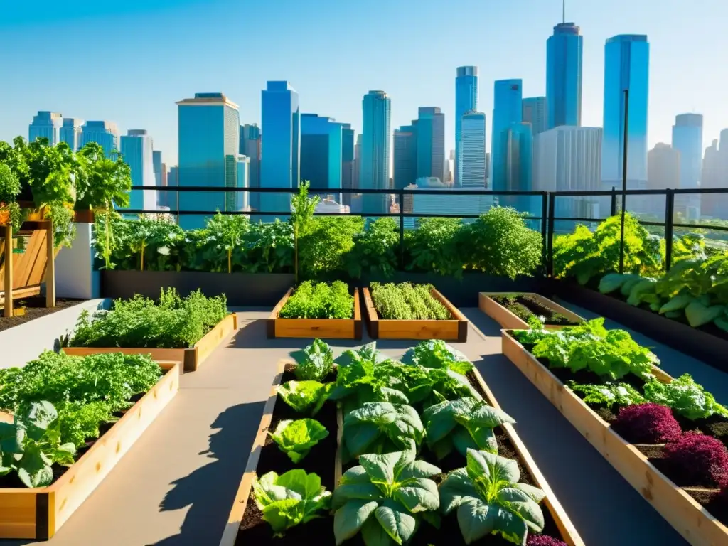 Un oasis urbano en azotea con hortalizas y frutas vibrantes, regadas por un eficiente sistema de riego